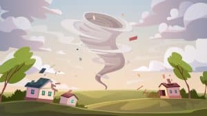 Cartoon tornado above rural landscape